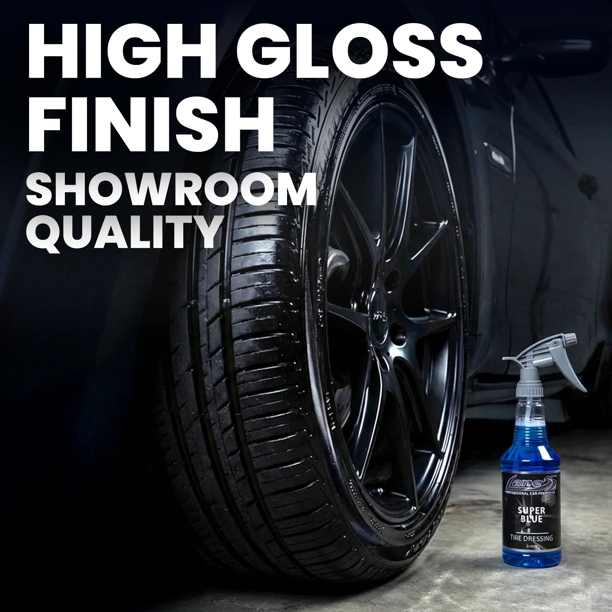 LANE'S Super Blue Tire Dressing spray application provides smooth, even coverage.