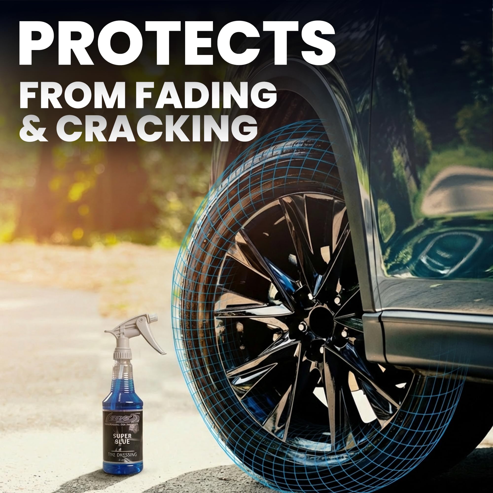LANE'S Super Blue Tire Dressing offers UV protection for tires.