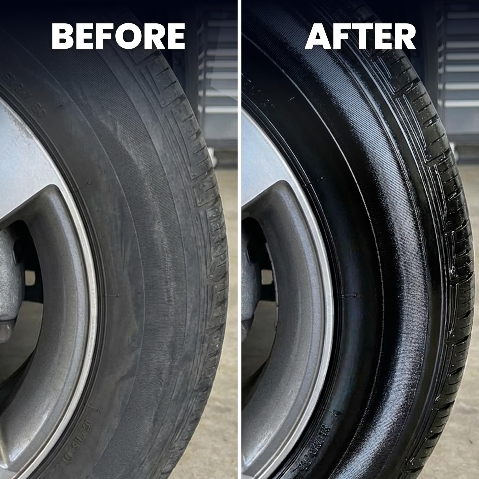 LANE'S Super Blue Tire Dressing wet-look finish on tires.