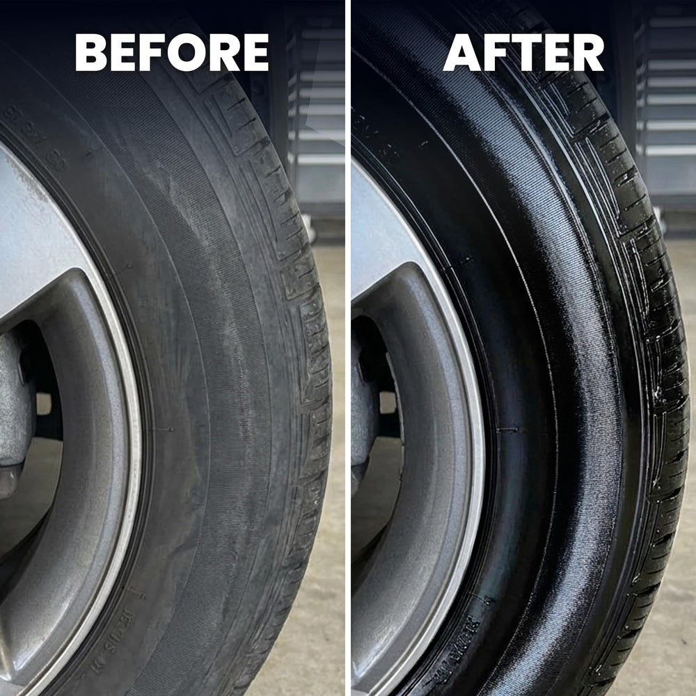 LANE'S Super Blue Tire Dressing wet-look finish on tires.