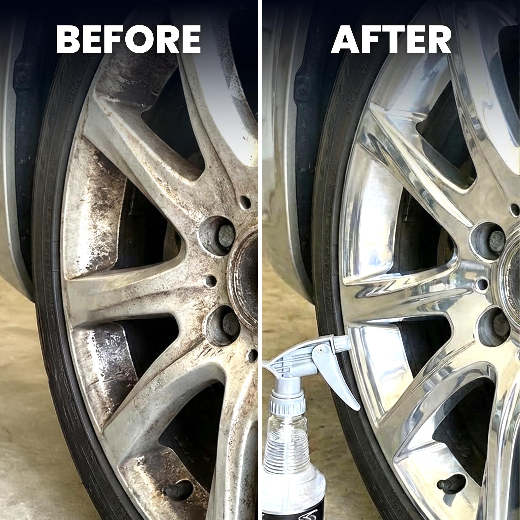 Before and after wheels show dramatic brightening with LANE'S cleaner