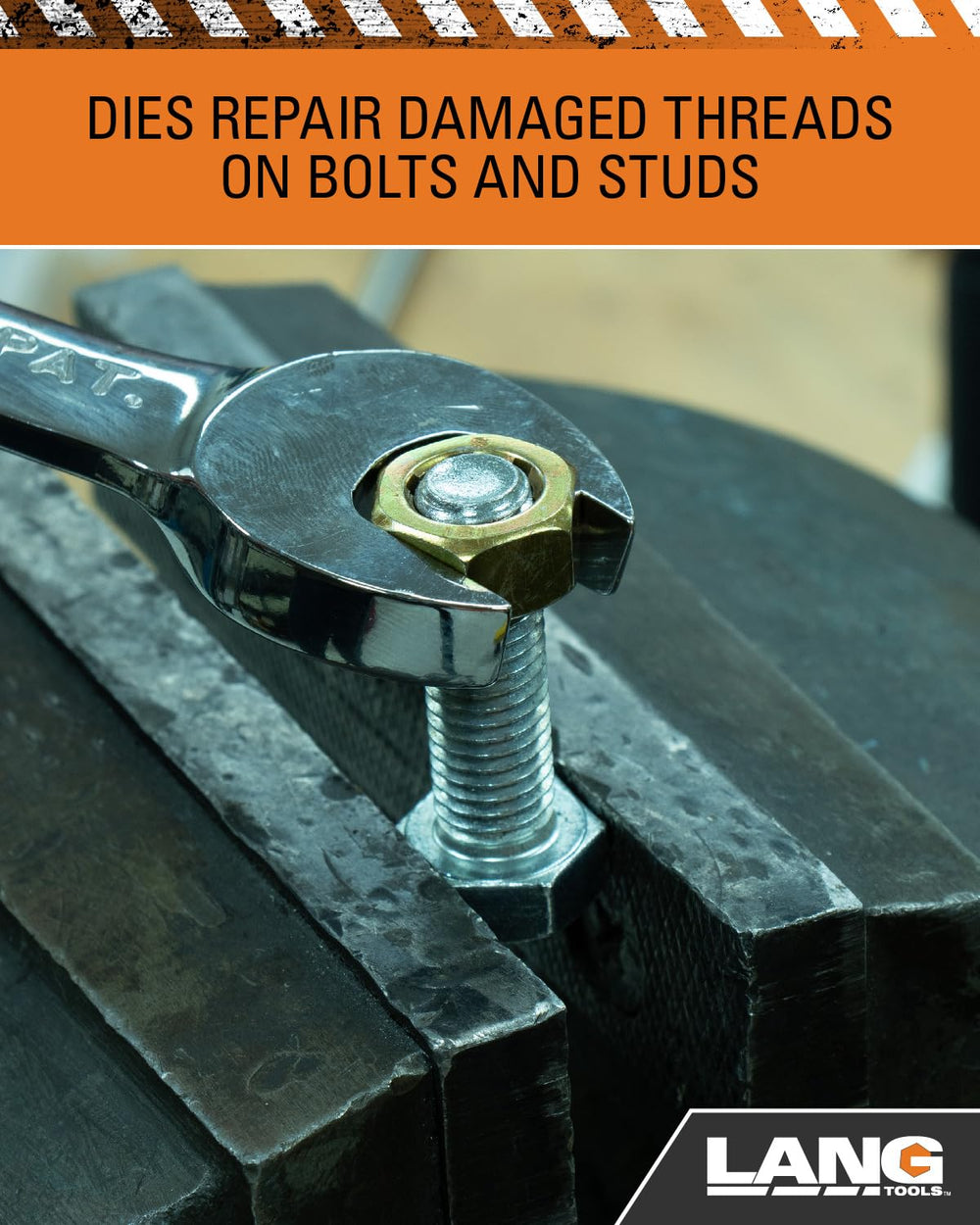 Lang Tools 2584 in-use example repairing external threads on a bolt.