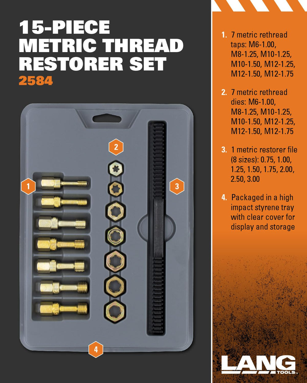 Lang Tools 2584 restorer file close-up for fast thread cleanup.