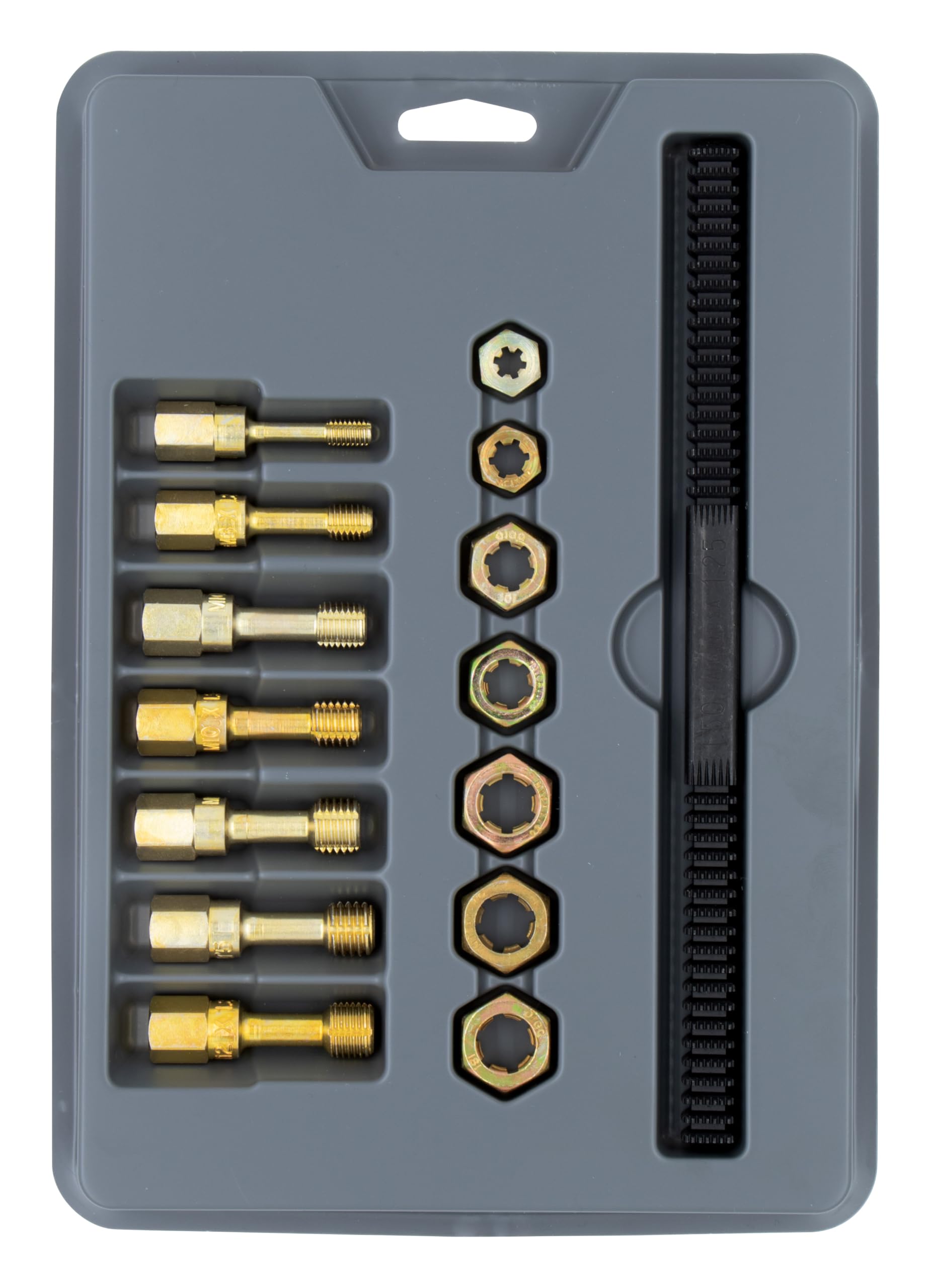Lang Tools 2584 metric rethread dies in a tray for precise restorations.
