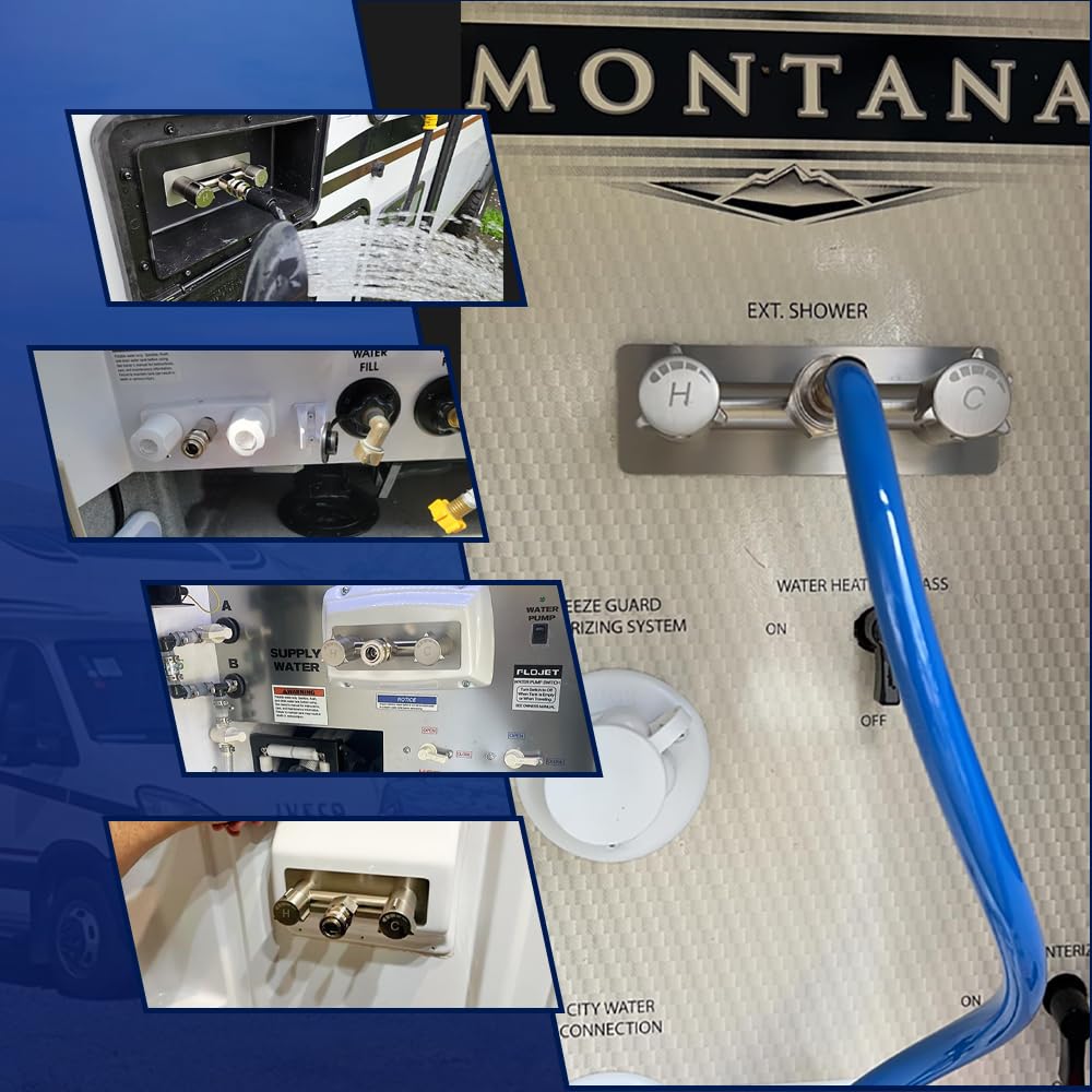 Langina RV outdoor water use with quick connectors and adapters.