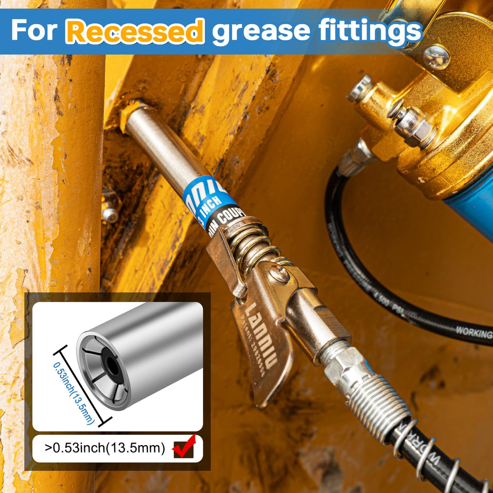 LANNIU 90-degree grease coupler adapter for accessing tight spaces.