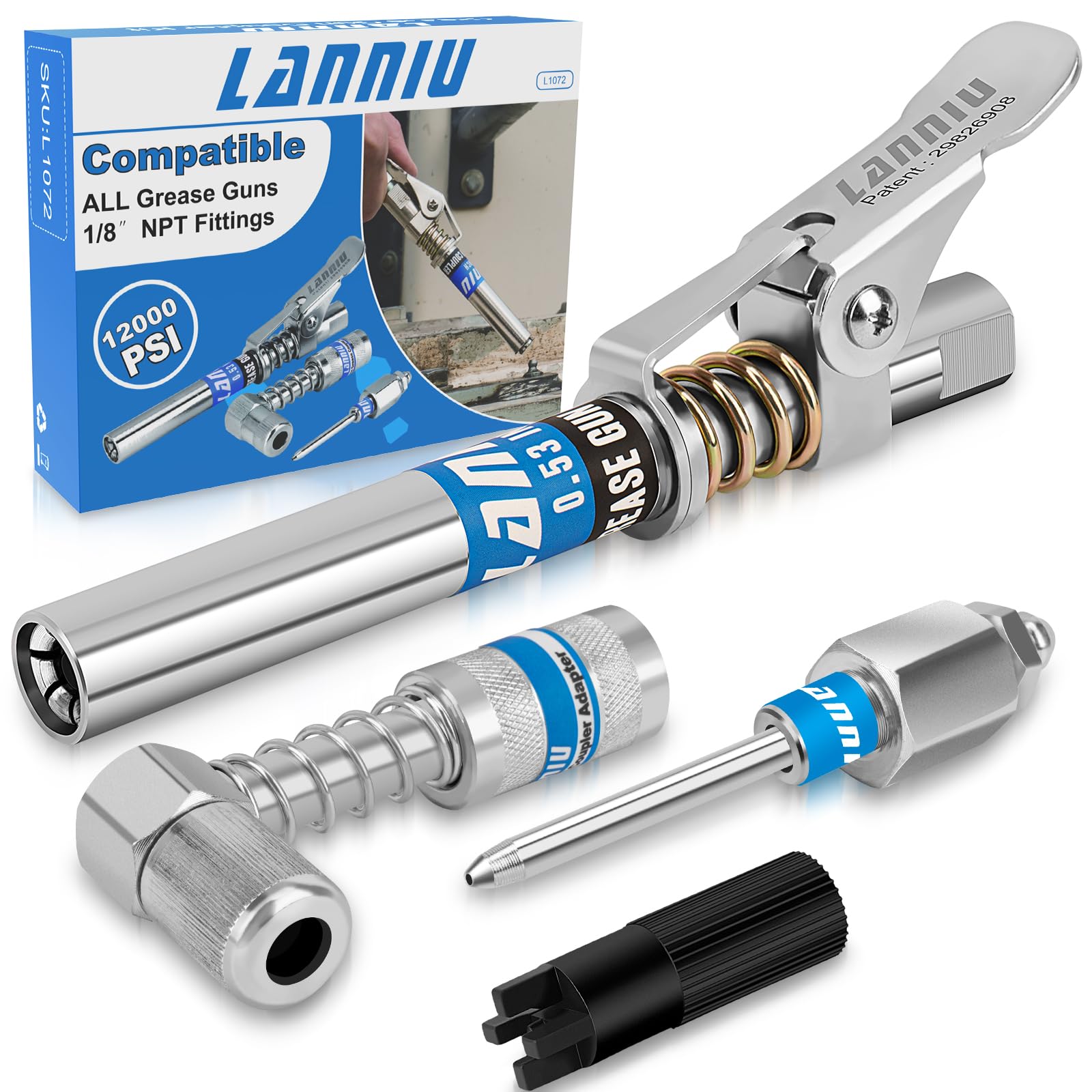 LANNIU grease gun coupler kit 12000psi with compact head for one-handed operation.