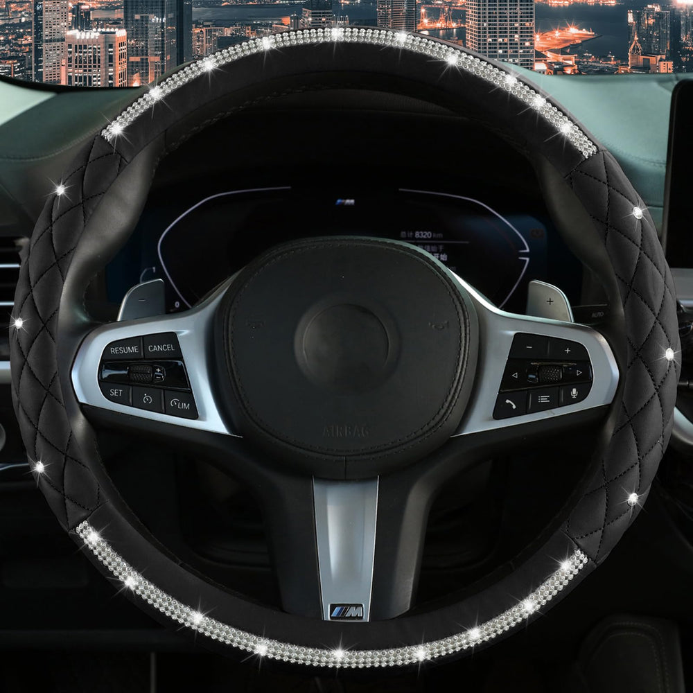 LANPU SURE diamond steering wheel cover in black enhances grip and style.