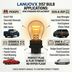 Lanuovx 3157 bulb for turn signals boosts signaling clarity.