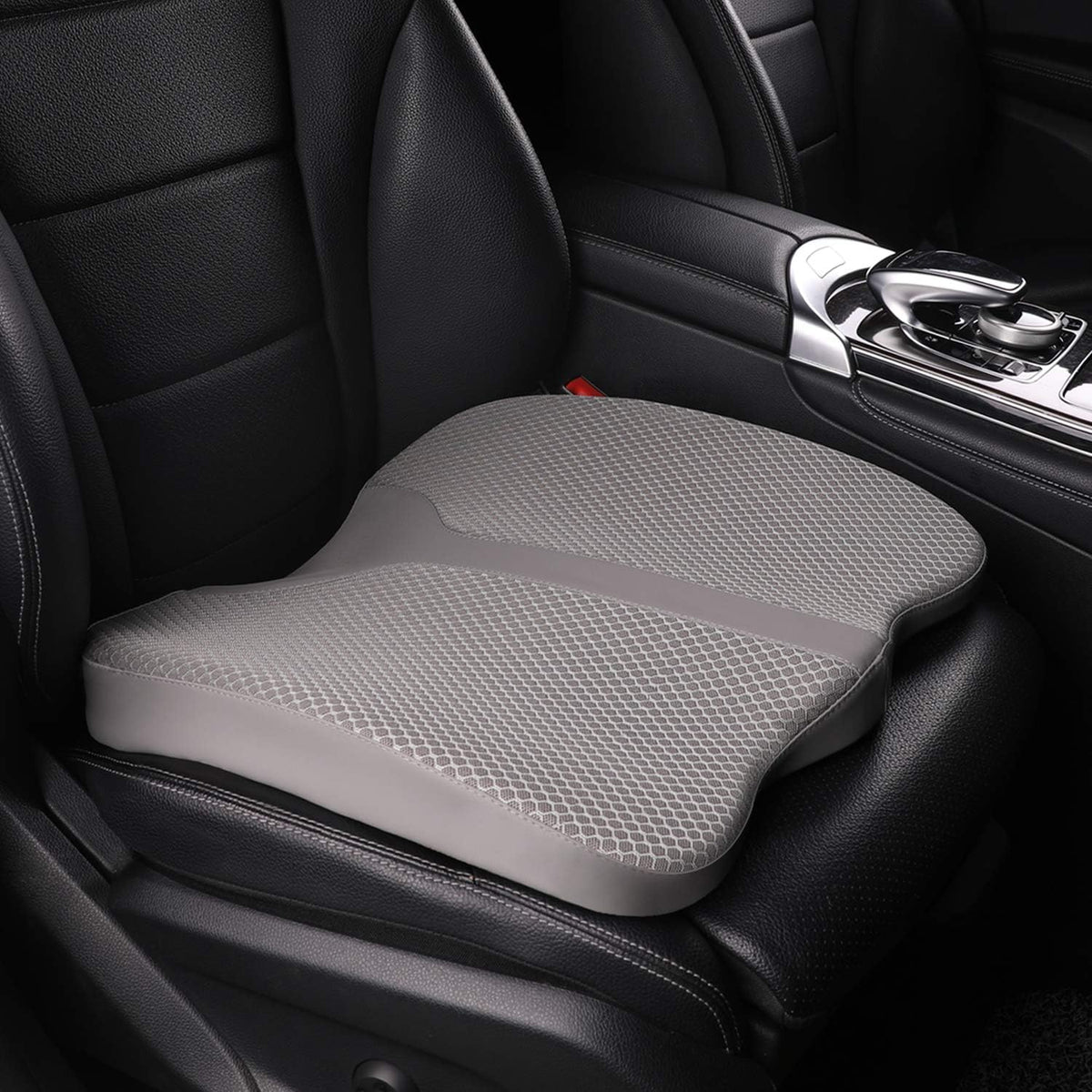 LARROUS car seat cushion gray front view enhances long drives with added comfort.