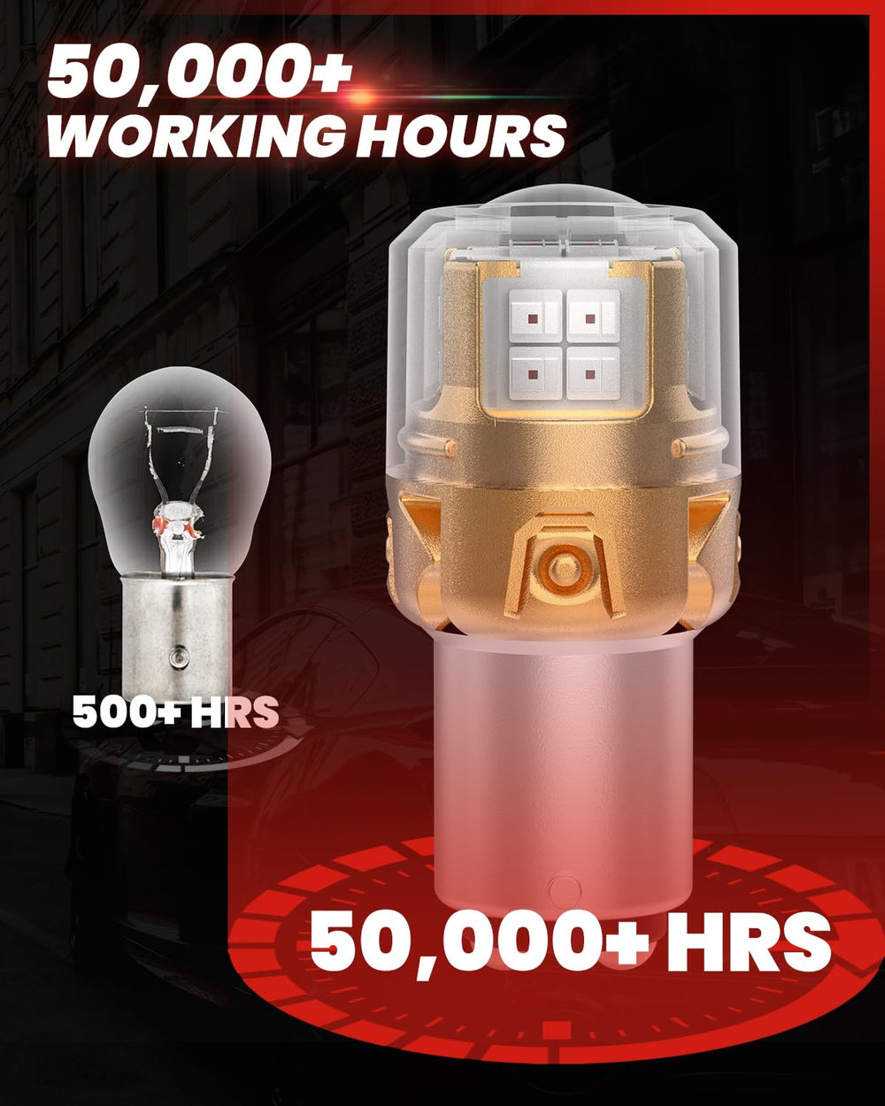 LASFIT 1157 red LED bulb as a nearly 1:1 halogen replacement for easy installation.
