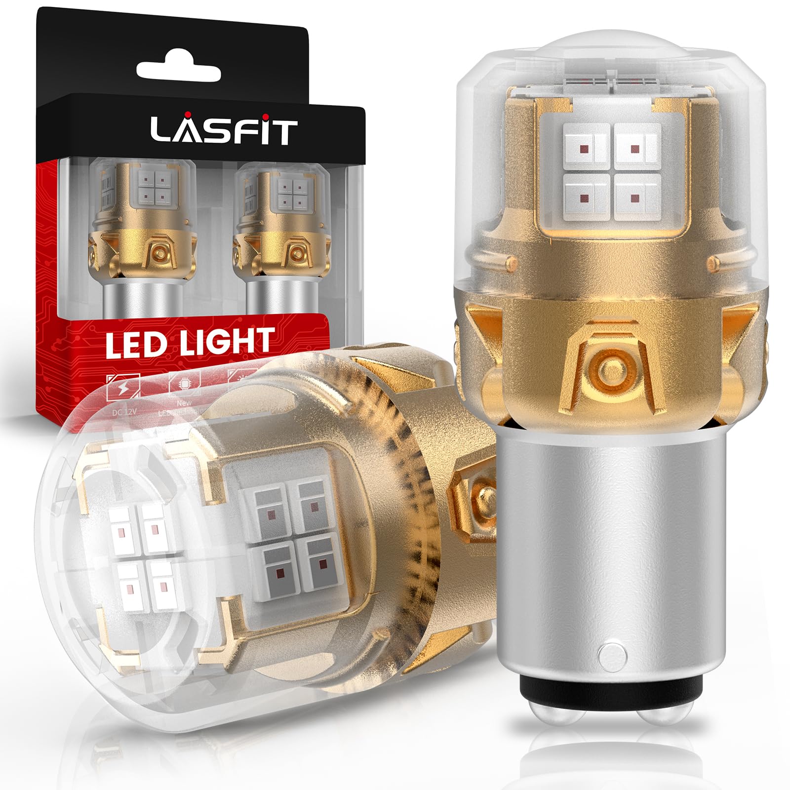 LASFIT 1157 red LED bulb with projector lens for brake lights enhances visibility.