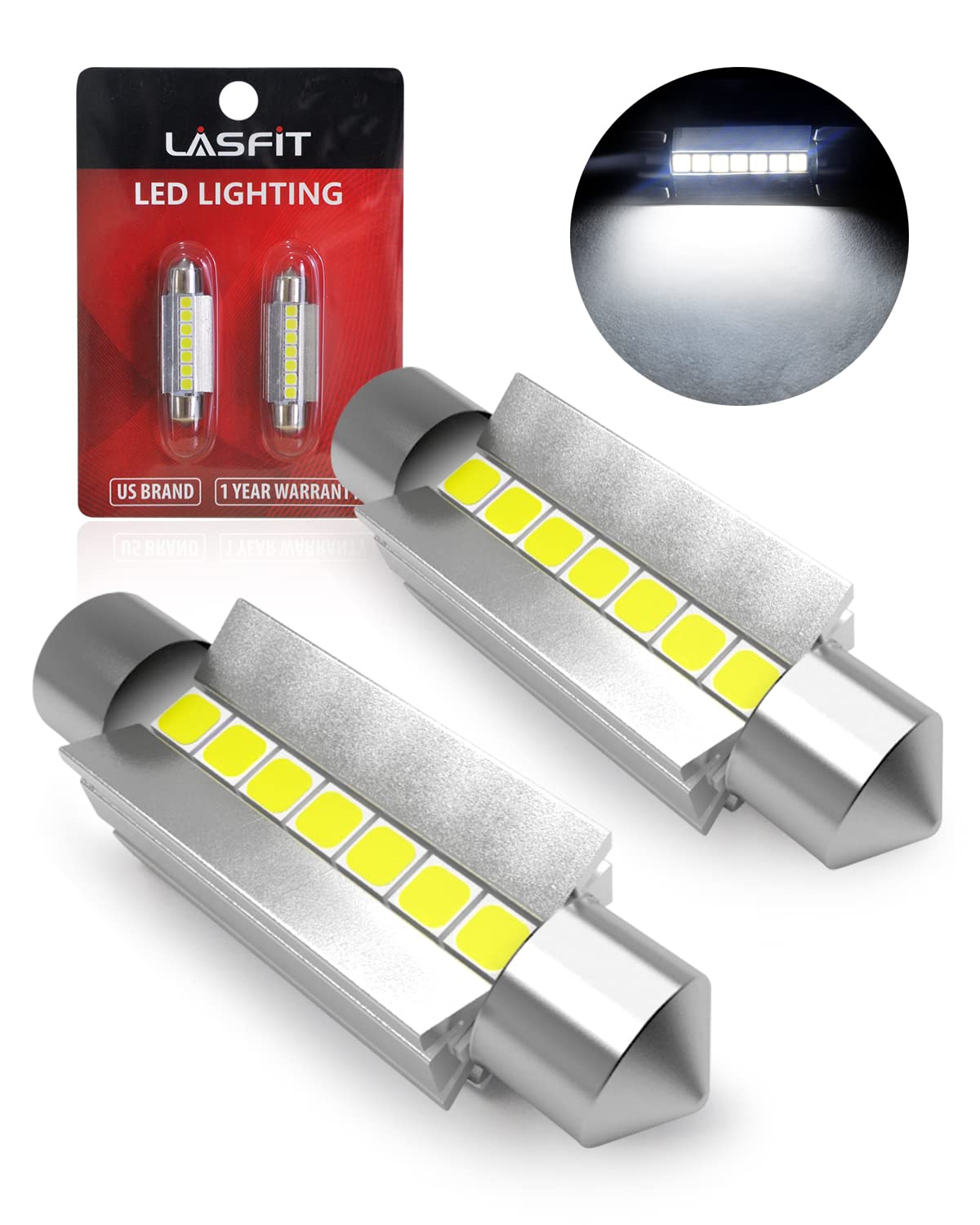 LASFIT 42mm festoon dome light showing bright 6000K white illumination for cabin clarity