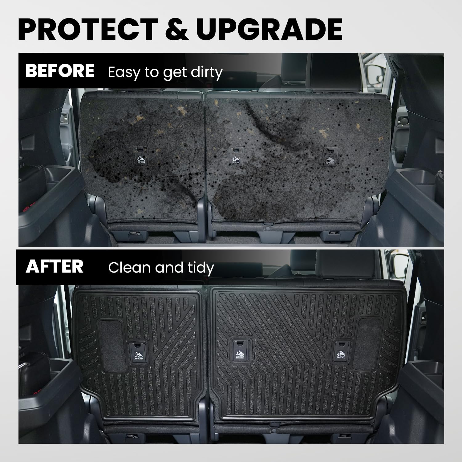 Split design allows seat adjustments while shielding the backrest