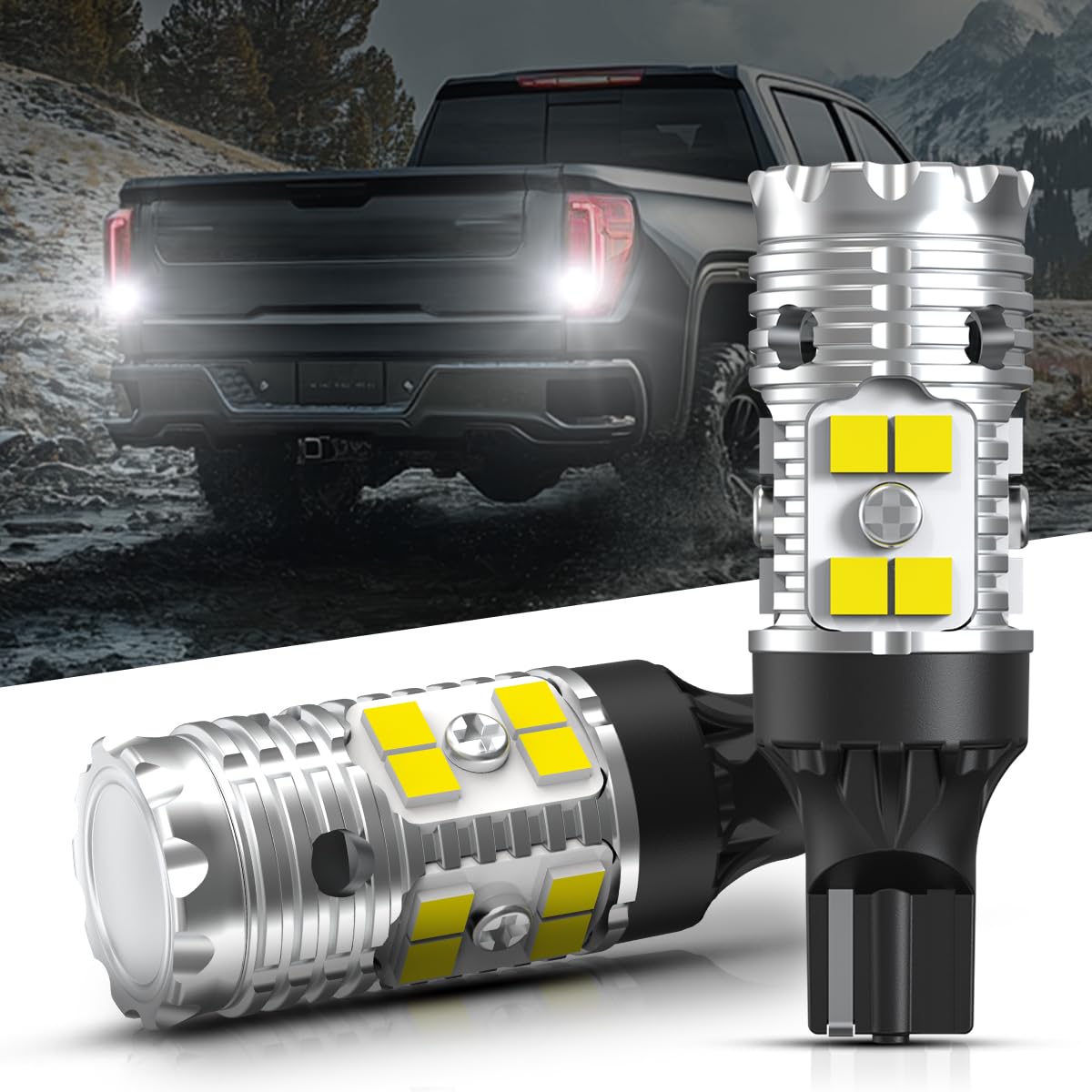 LASFIT 921 LED reverse light bulbs pack improving GMC Sierra rear visibility.