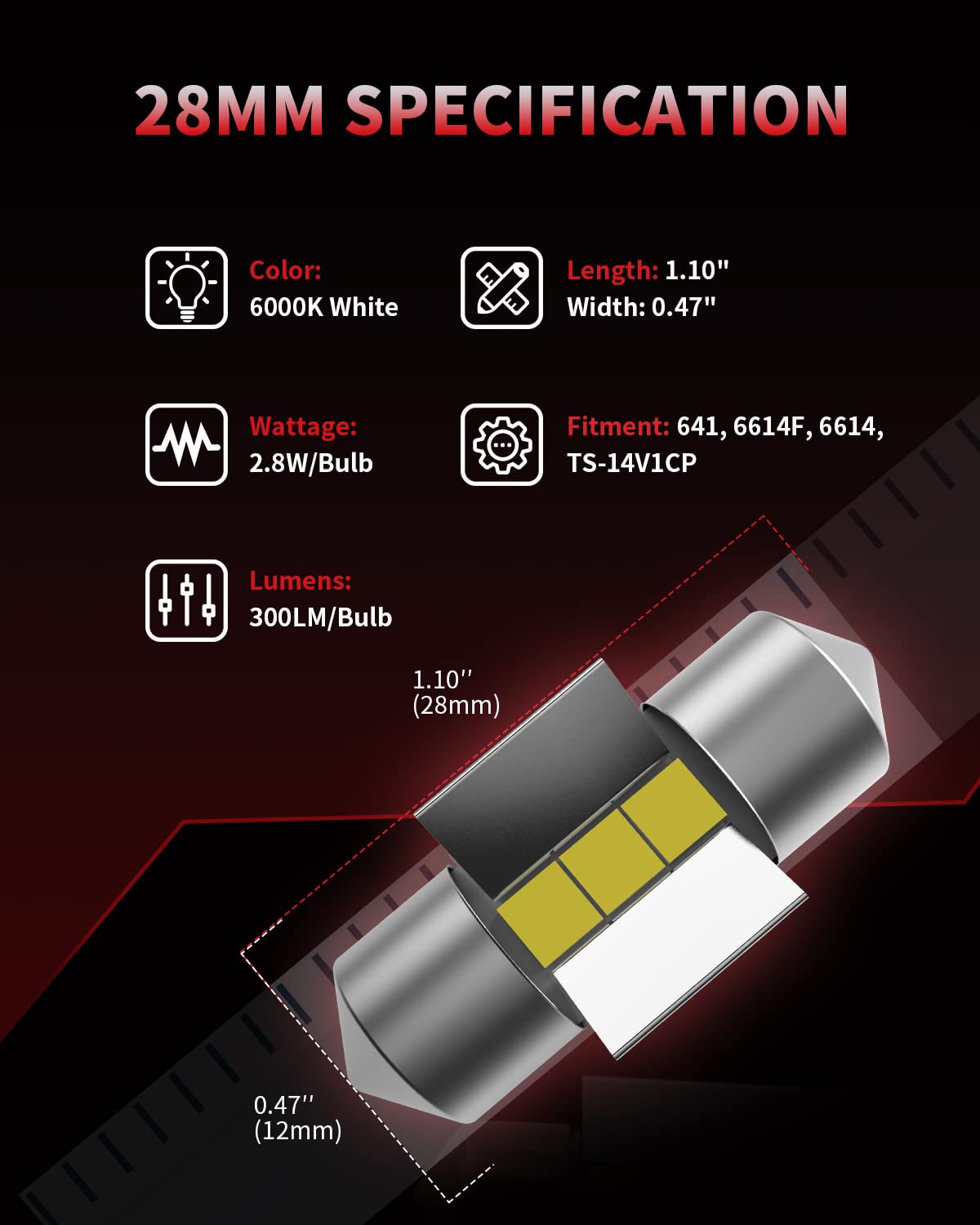1:1 design of LASFIT 28mm LED festoon ensures perfect fit