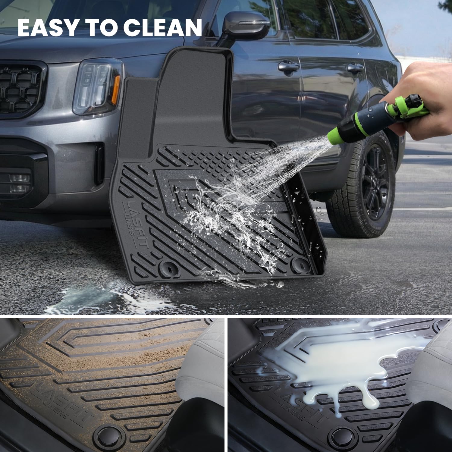 LASFIT raised-edge mats contain spills and simplify washing.