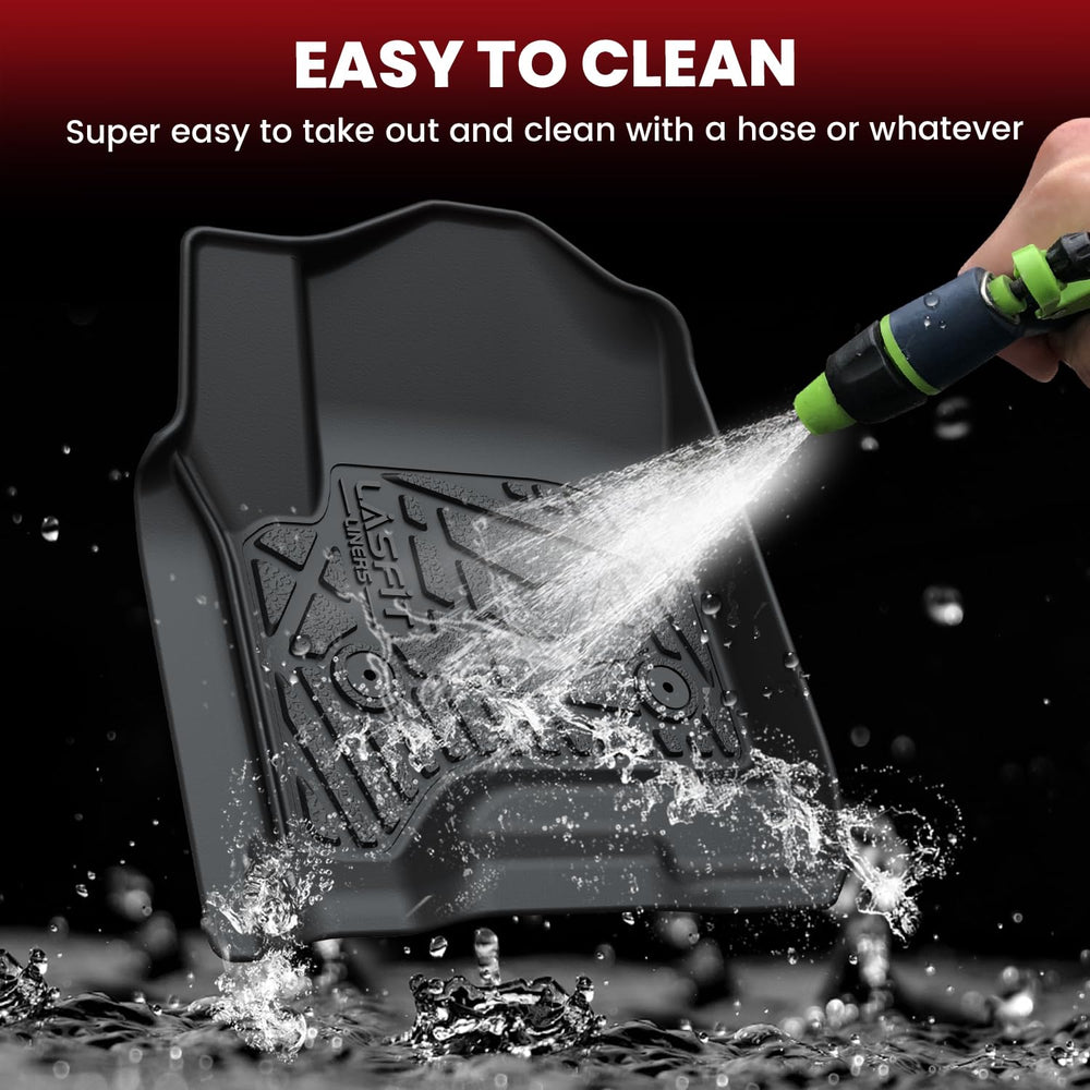 Easy-clean surface of LASFIT floor mats after quick wipe.