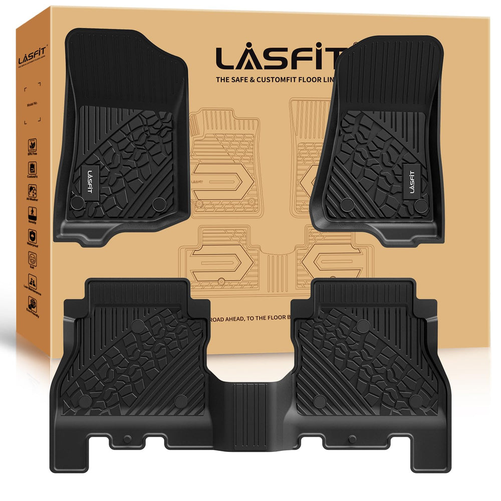 LASFIT Jeep Wrangler JL front row floor mats protecting interior from dirt and spills.