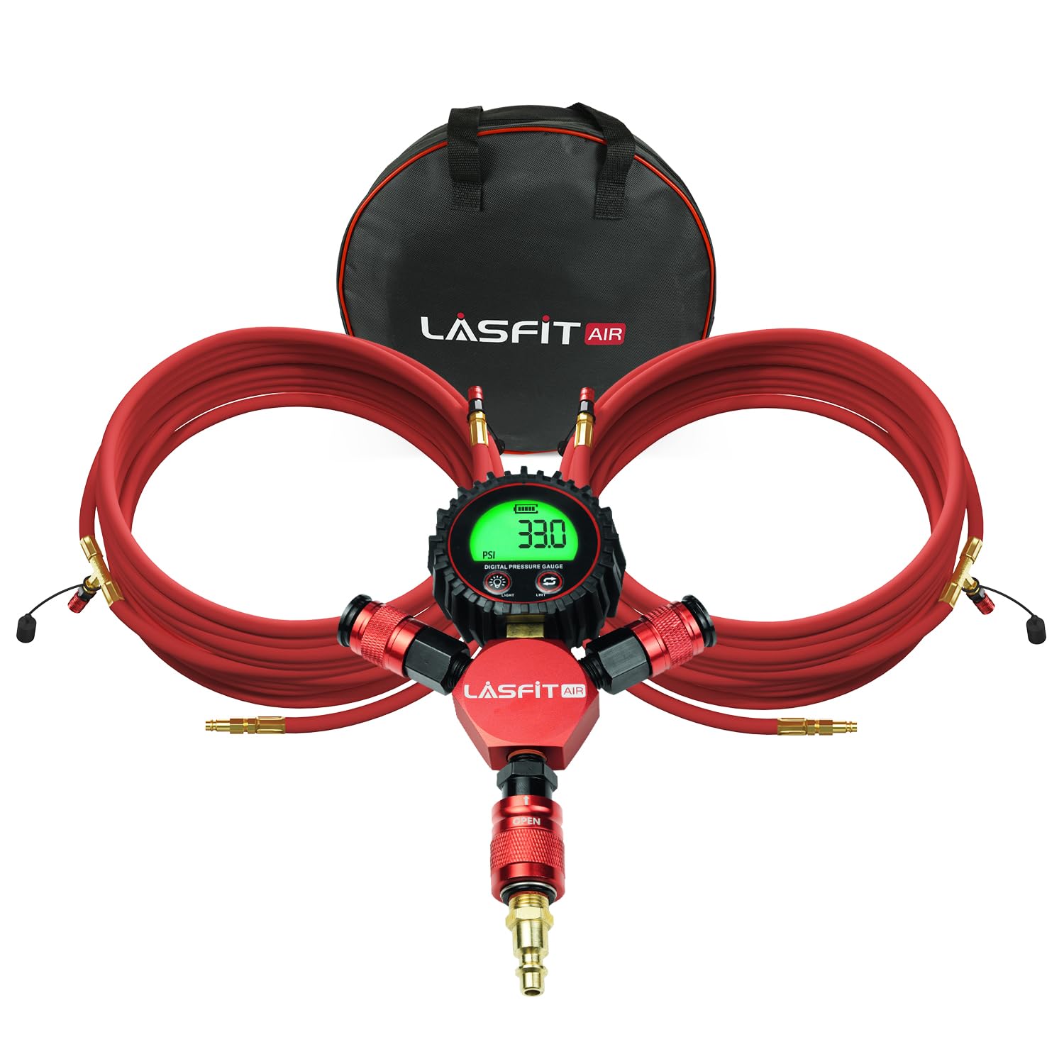 Lasfit H4 inflator-deflator with locking valve close-up for fast, leak-free tire adjustments.