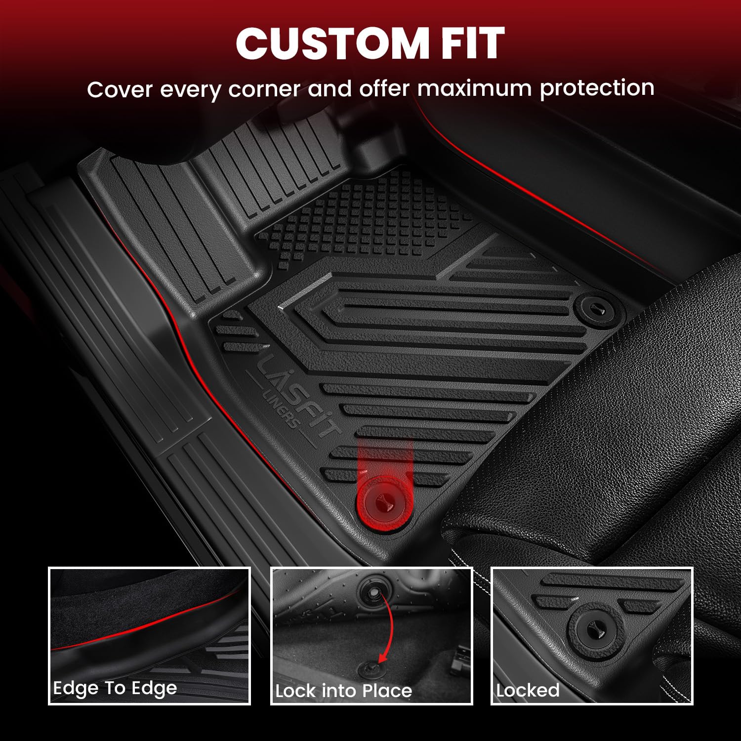 LASFIT Pathfinder third-row mats fit 7/8-seat cabins for complete protection.
