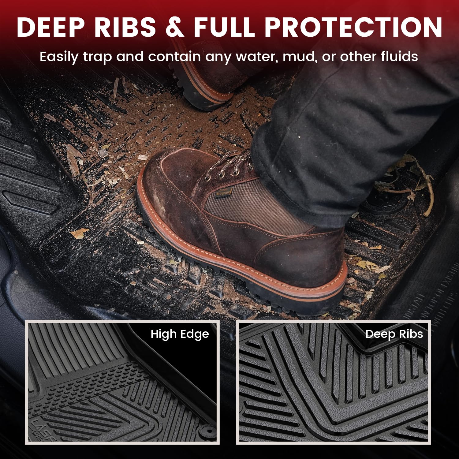 LASFIT Rivian R1S raised edges for spill containment and easy cleaning.