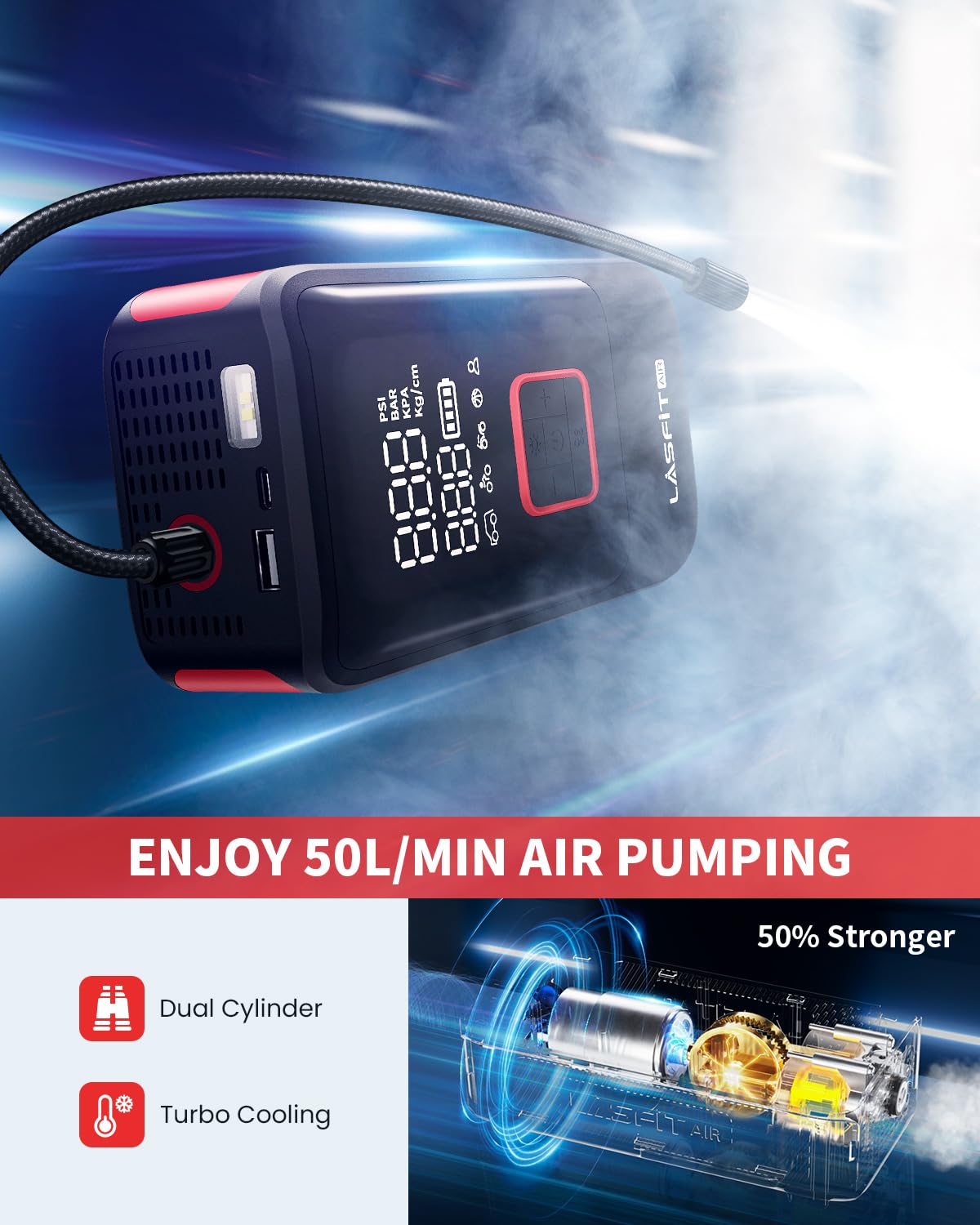 Lasfit Signature LAP-TK1 battery indicator shows long-lasting power for on-the-road emergencies.