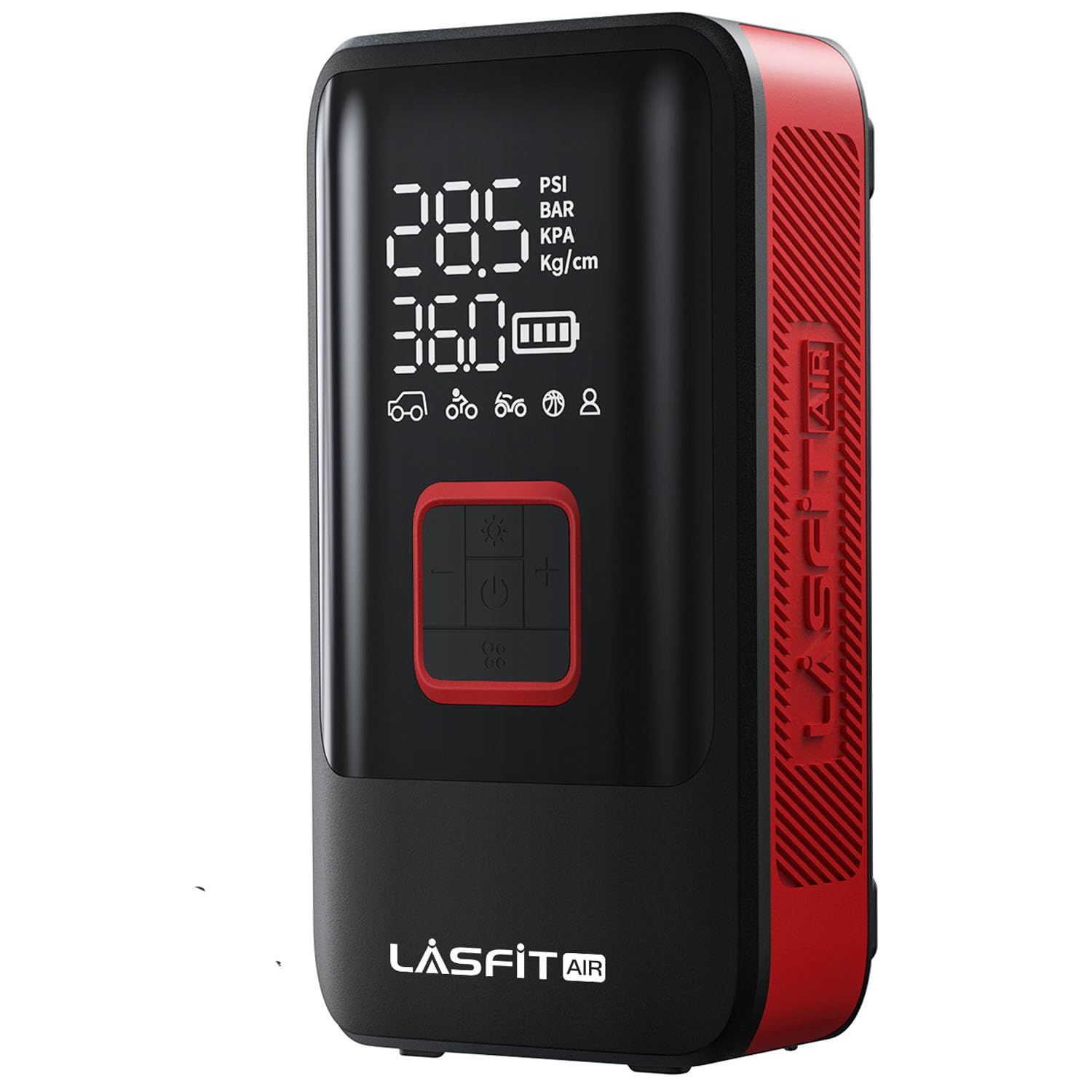 Front view of Lasfit Signature LAP-TK1 tire inflator with digital gauge for precise pressure.