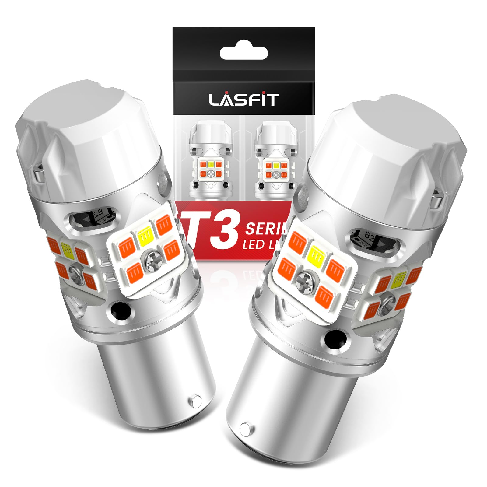 LASFIT T3 1157 switchback bulbs front view with dual white amber signals.