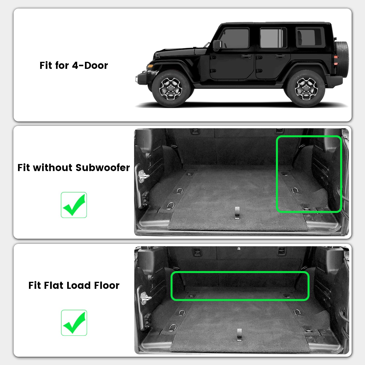 LASFIT trunk mat for Jeep Wrangler JL; all-weather protection and edge-to-edge fit.
