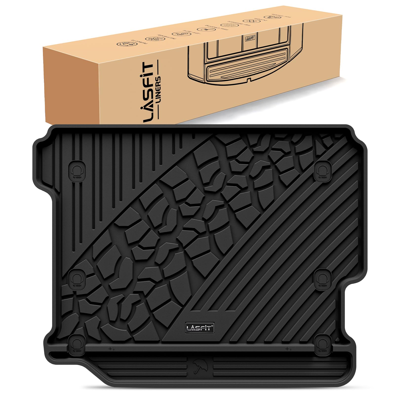 LASFIT trunk mat for Jeep Wrangler JL with flat load floor, edge-to-edge protection for cargo area.