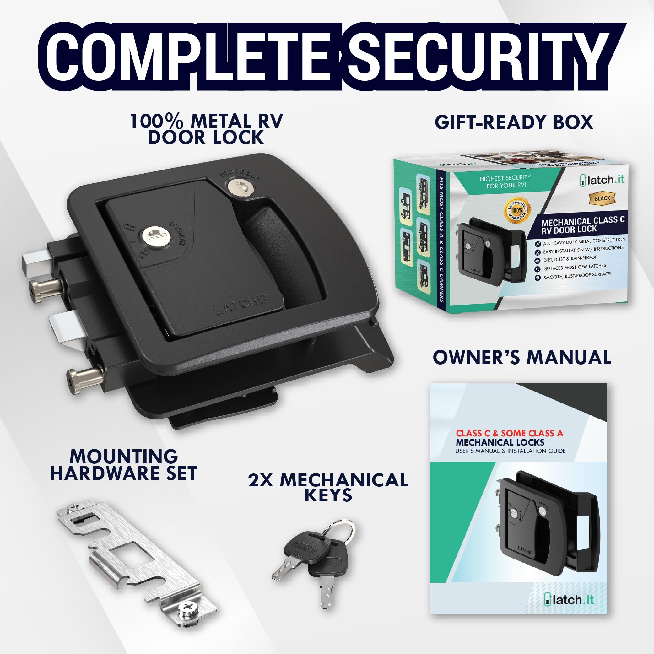 LATCH.IT door lock in use on a camper door demonstrating secure storage.