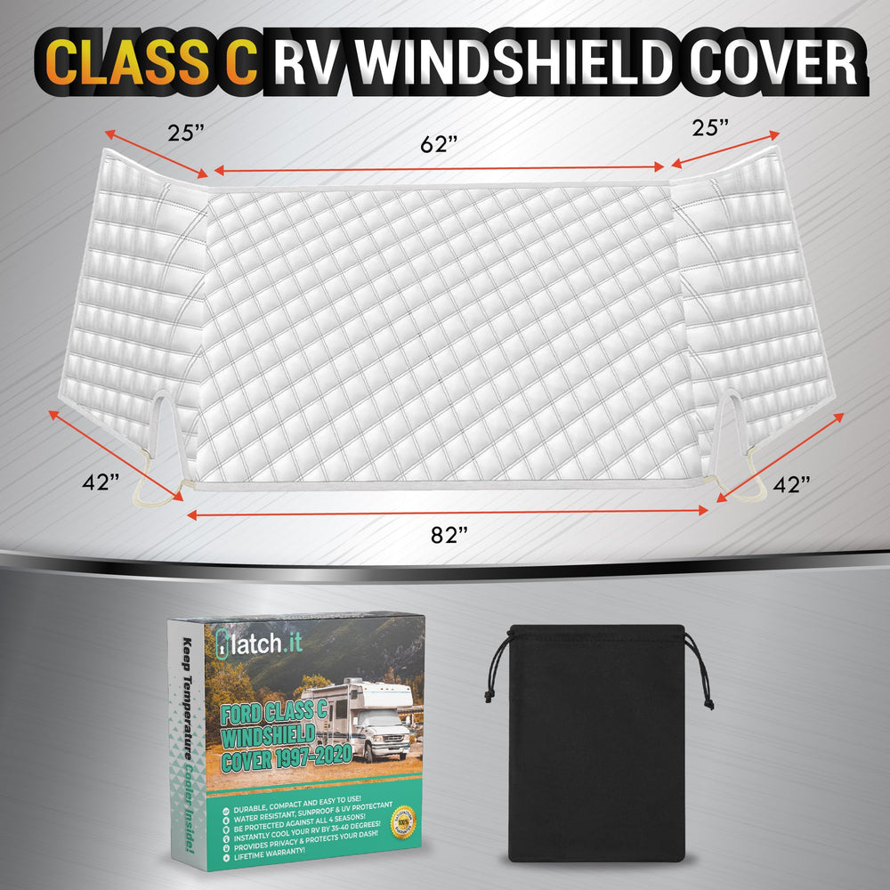LATCH.IT windshield cover for Ford E-450 Class C with corner bands for secure fit.
