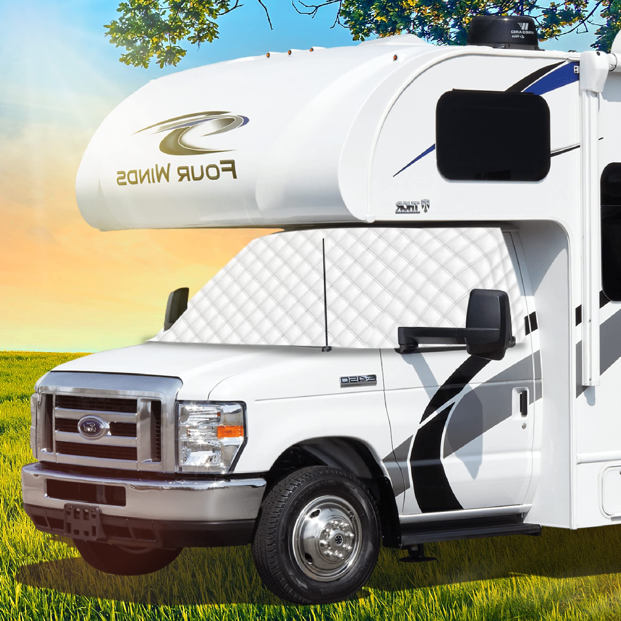 LATCH.IT windshield cover on Ford E-450 with mirror cutout for heat reduction.