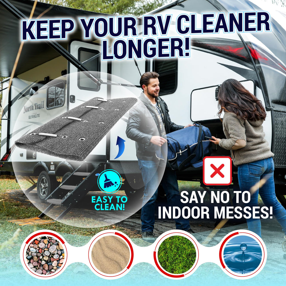 LATCH.IT RV step rug with UV-resistant fabric resists fading in sunlight.