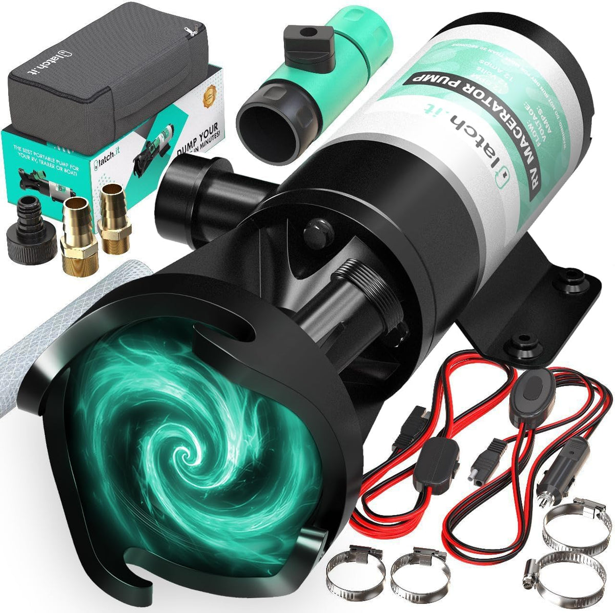 LATCH.IT RV Macerator Pump front view shows compact design for convenient on-site dumping.