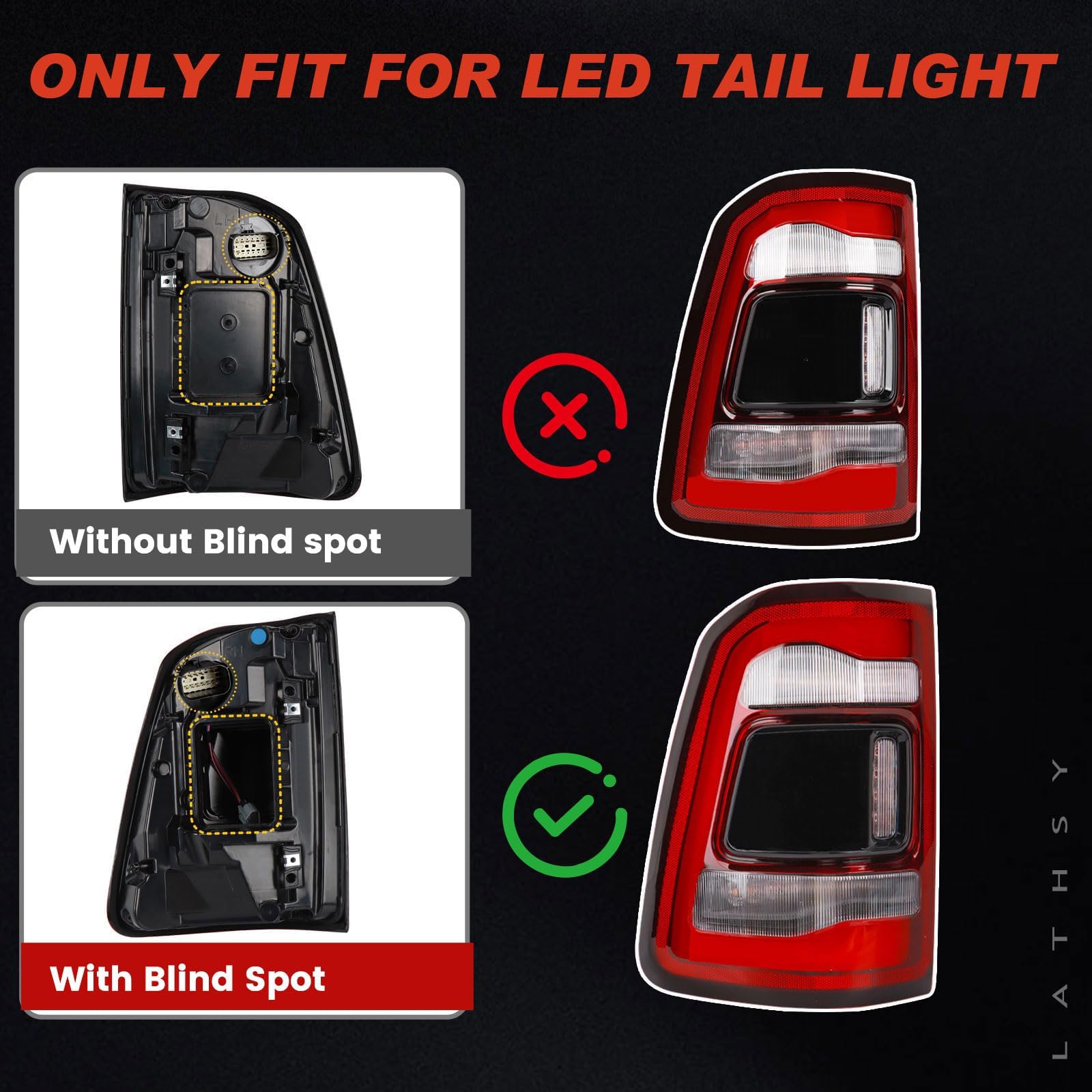 Lathsy LED tail light with black cover enhances Ram/Dodge styling for 2019-2023 left side.