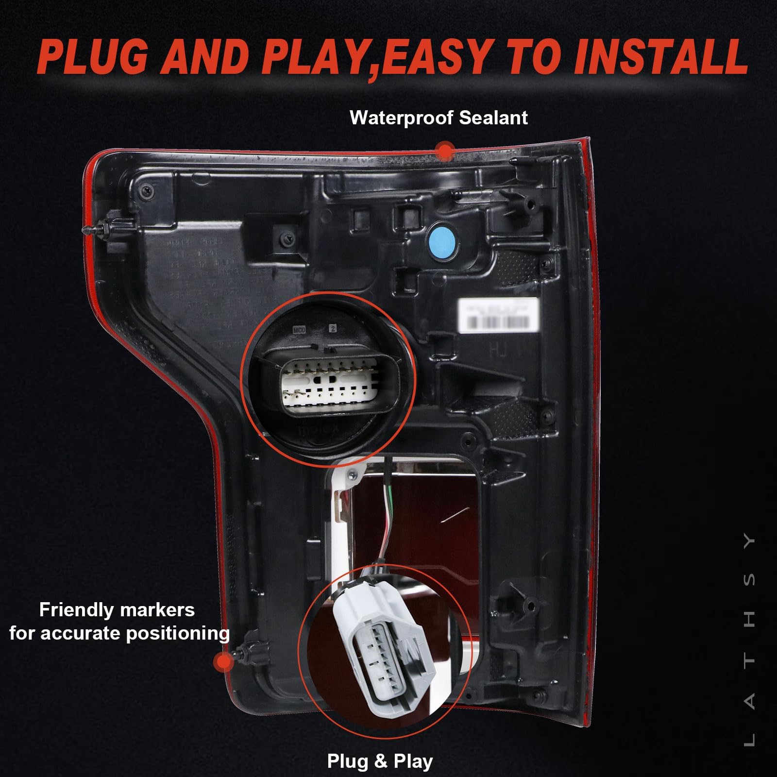 Plug-and-play connection on Lathsy tail light for quick installation on F-150.