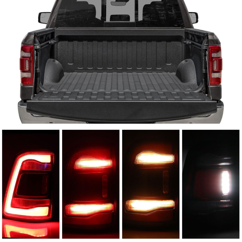 Lathsy tail light closeup with black cover on Ram 1500 left side.