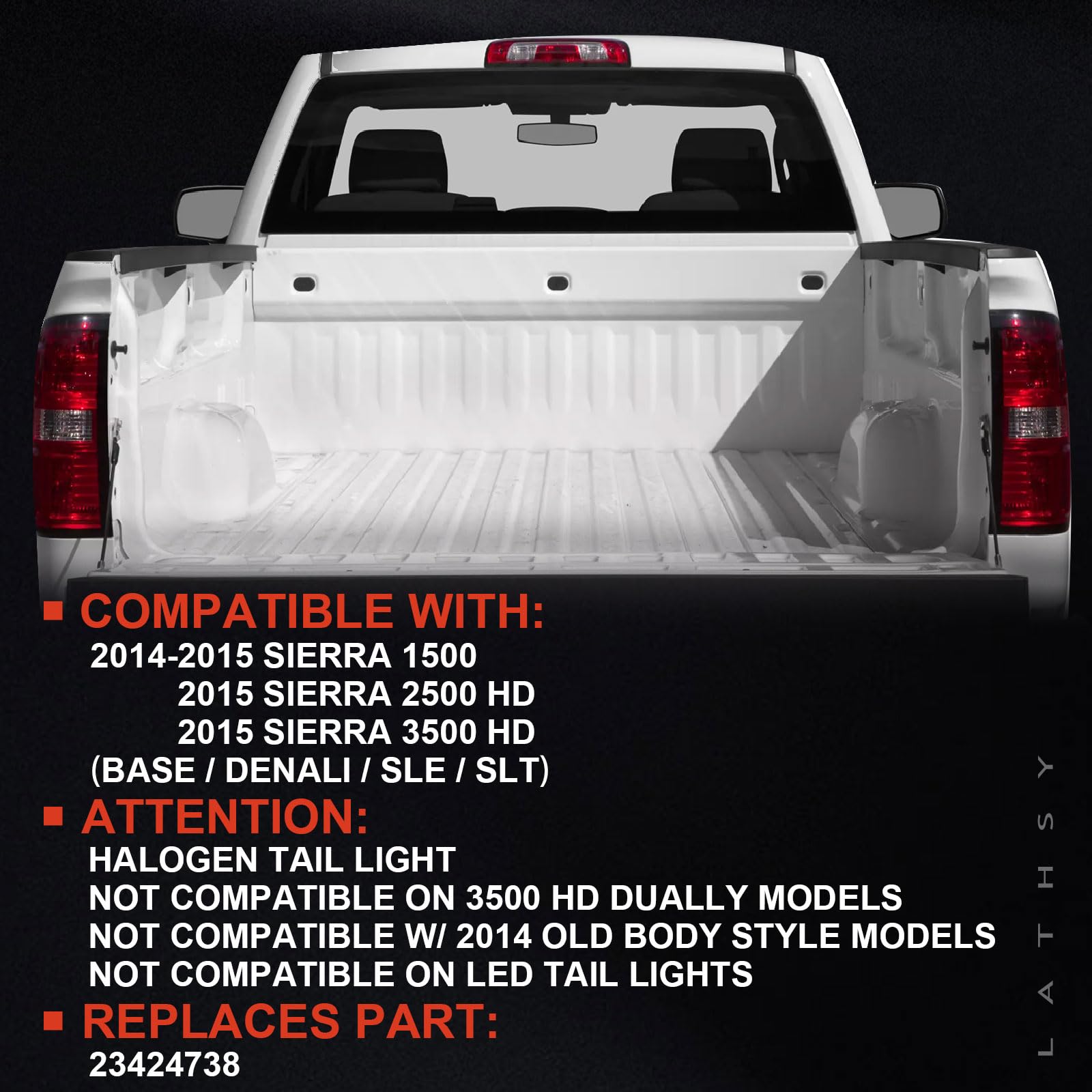 Lathsy tail light right passenger side for 2015 GMC Sierra 2500HD/3500HD improves safety at night.