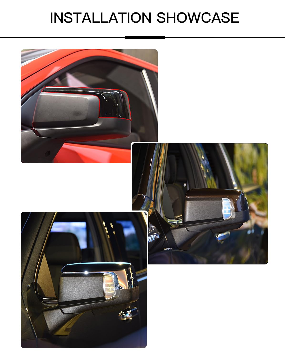 LAUBDGIE mirror cover, glossy black pack, includes install tool for easy replacement.