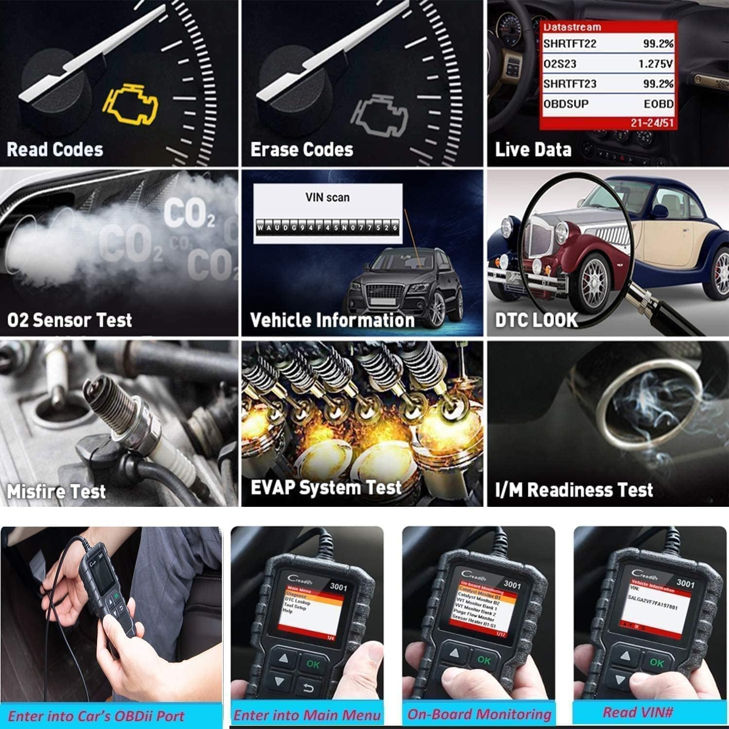 LAUNCH Creader 3001 OBD2 Scanner display with code reading and data view