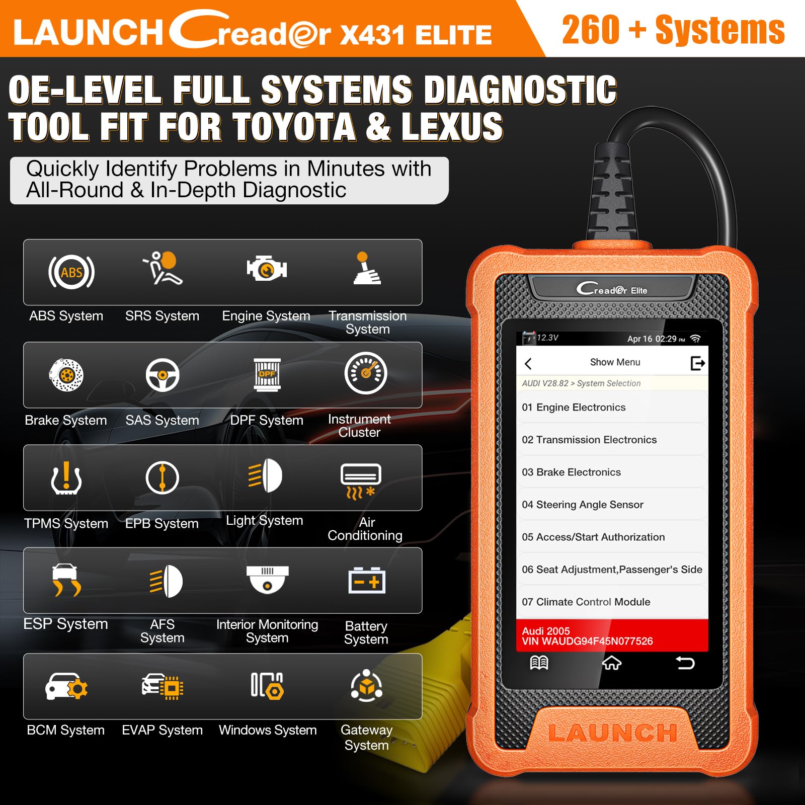 LAUNCH Creader Elite screen display with crisp diagnostic interface