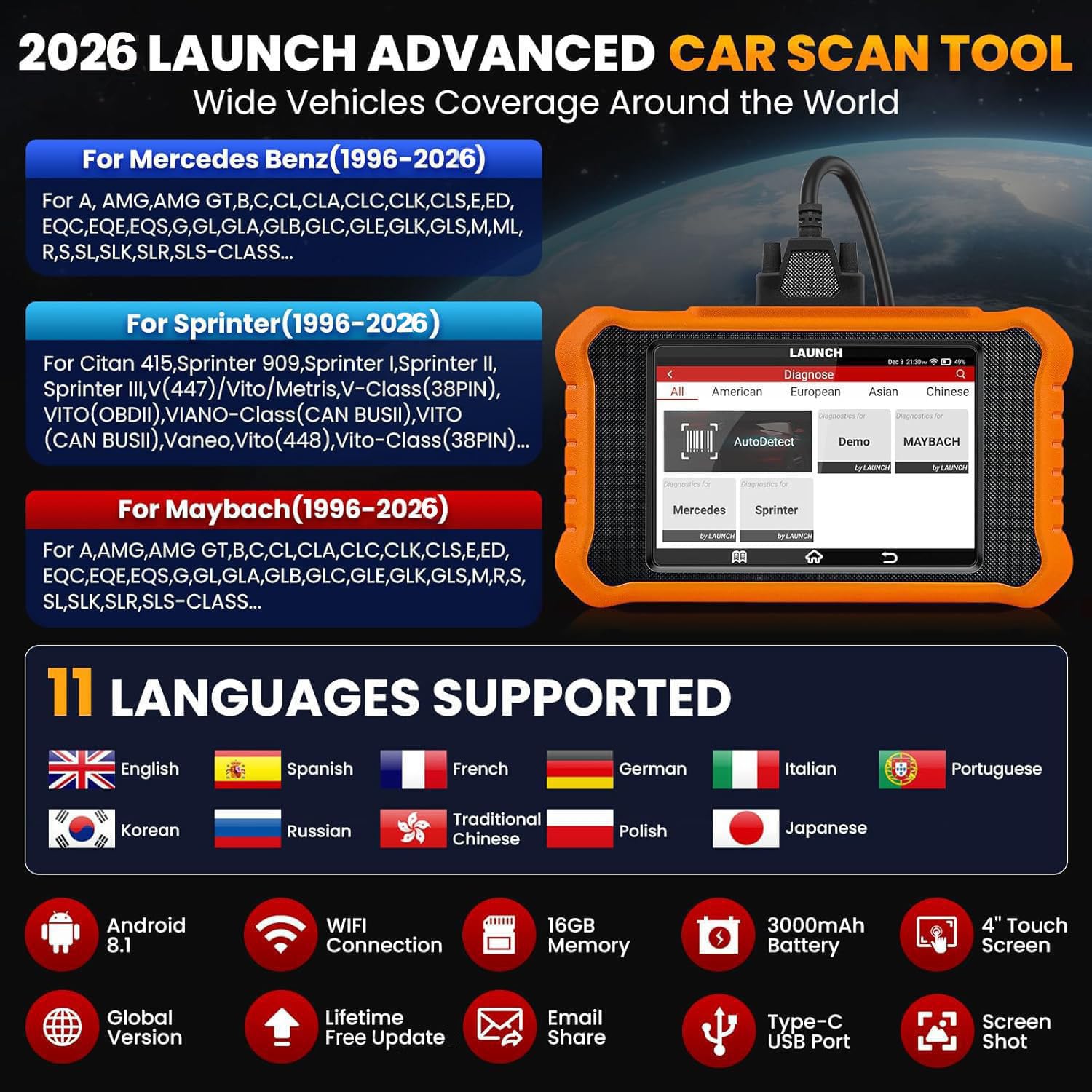 LAUNCH Creader Elite V2.0 offers universal OBD2 compatibility for post‑1996 cars.