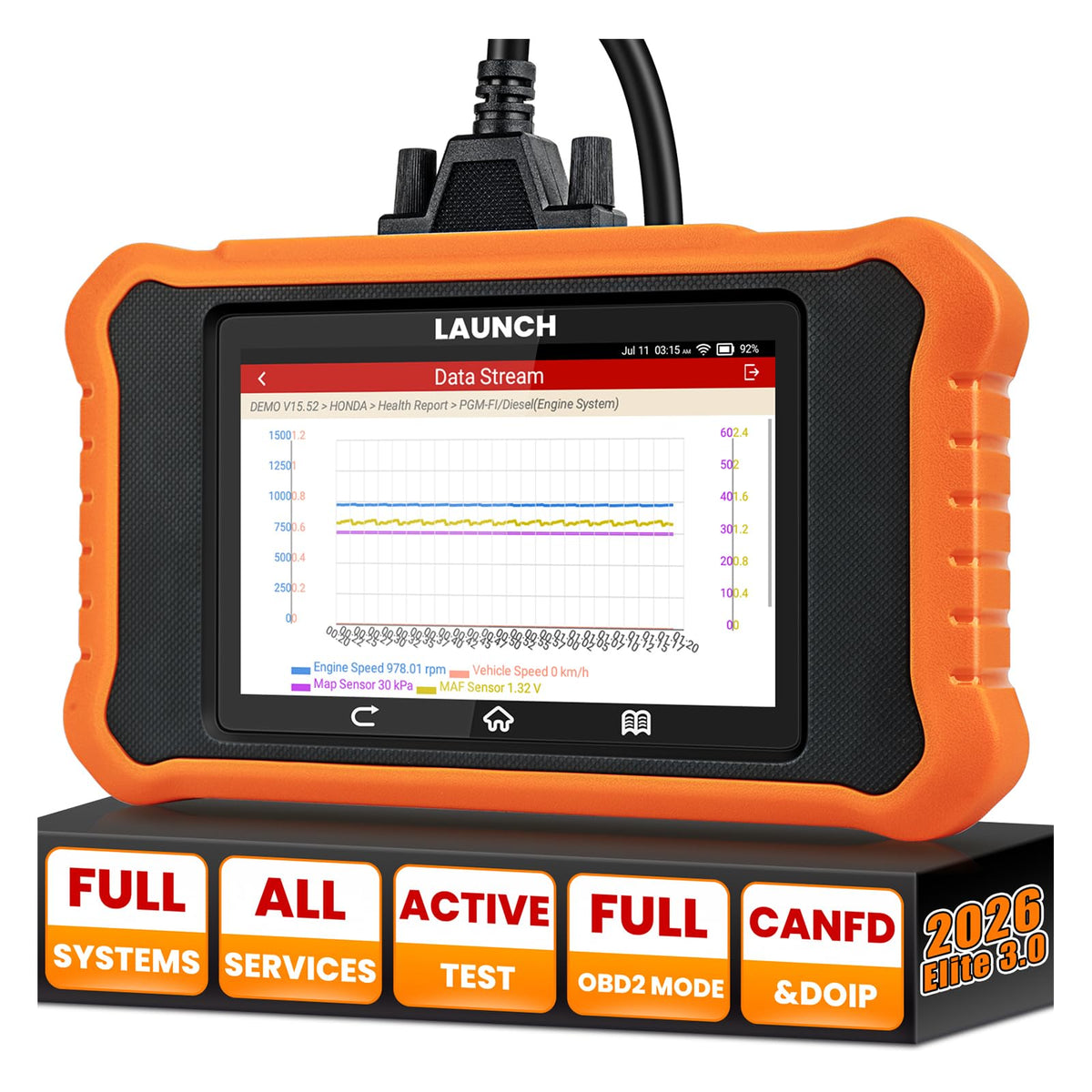 LAUNCH CReader Elite V3.0 front display showing Honda/Acura diagnostics