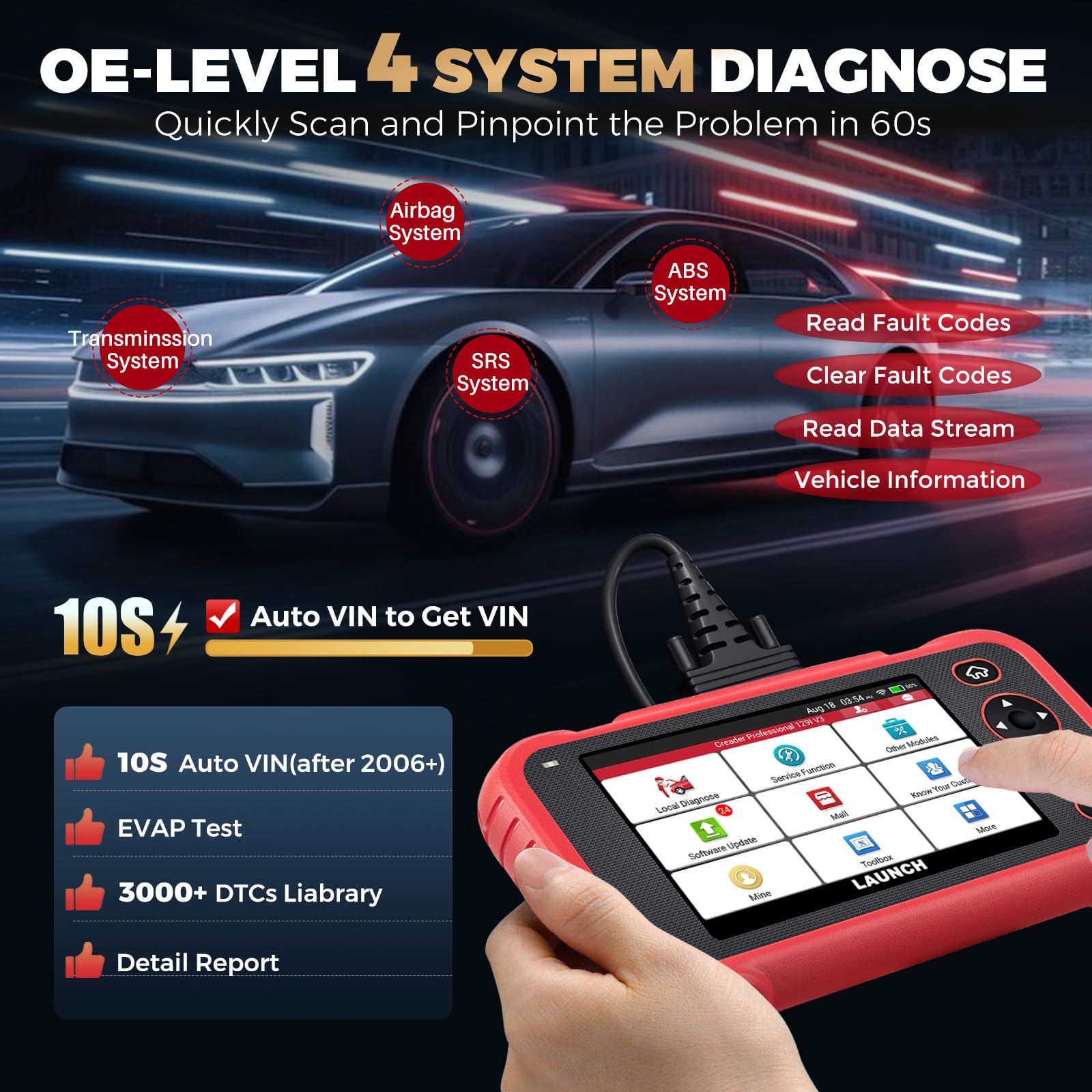 LAUNCH CRP129I V3.0 live data graph displays real-time engine readings.