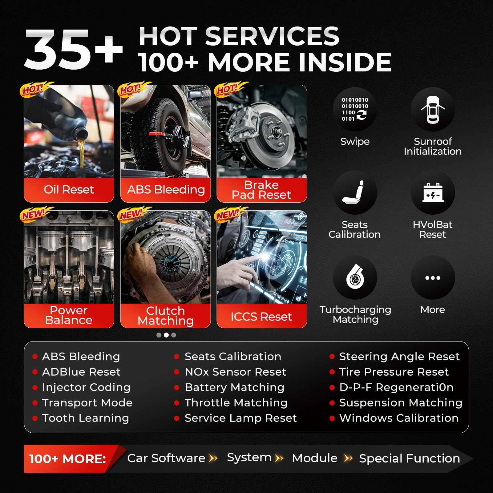 LAUNCH CRP919X 35 plus services list highlights maintenance tasks.