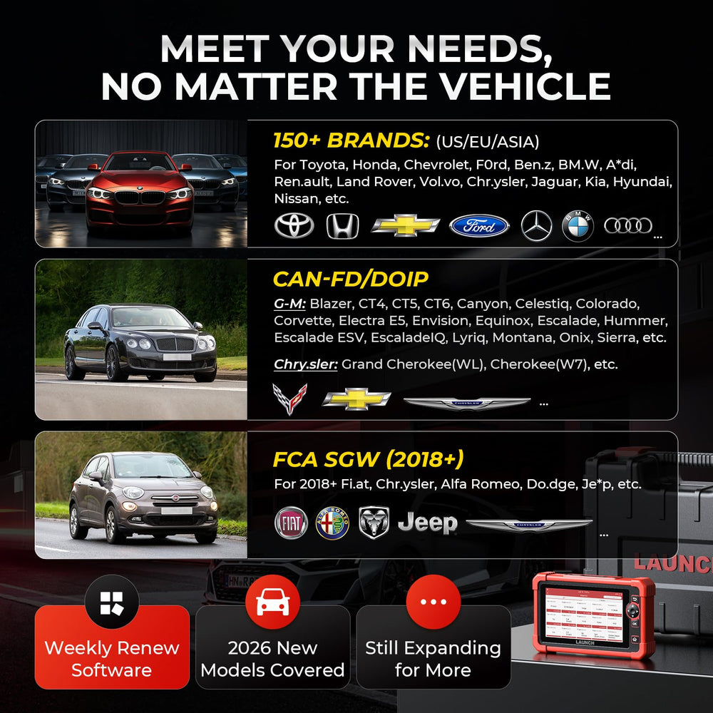 LAUNCH CRP919X brand coverage visual shows 150 plus brands supported.