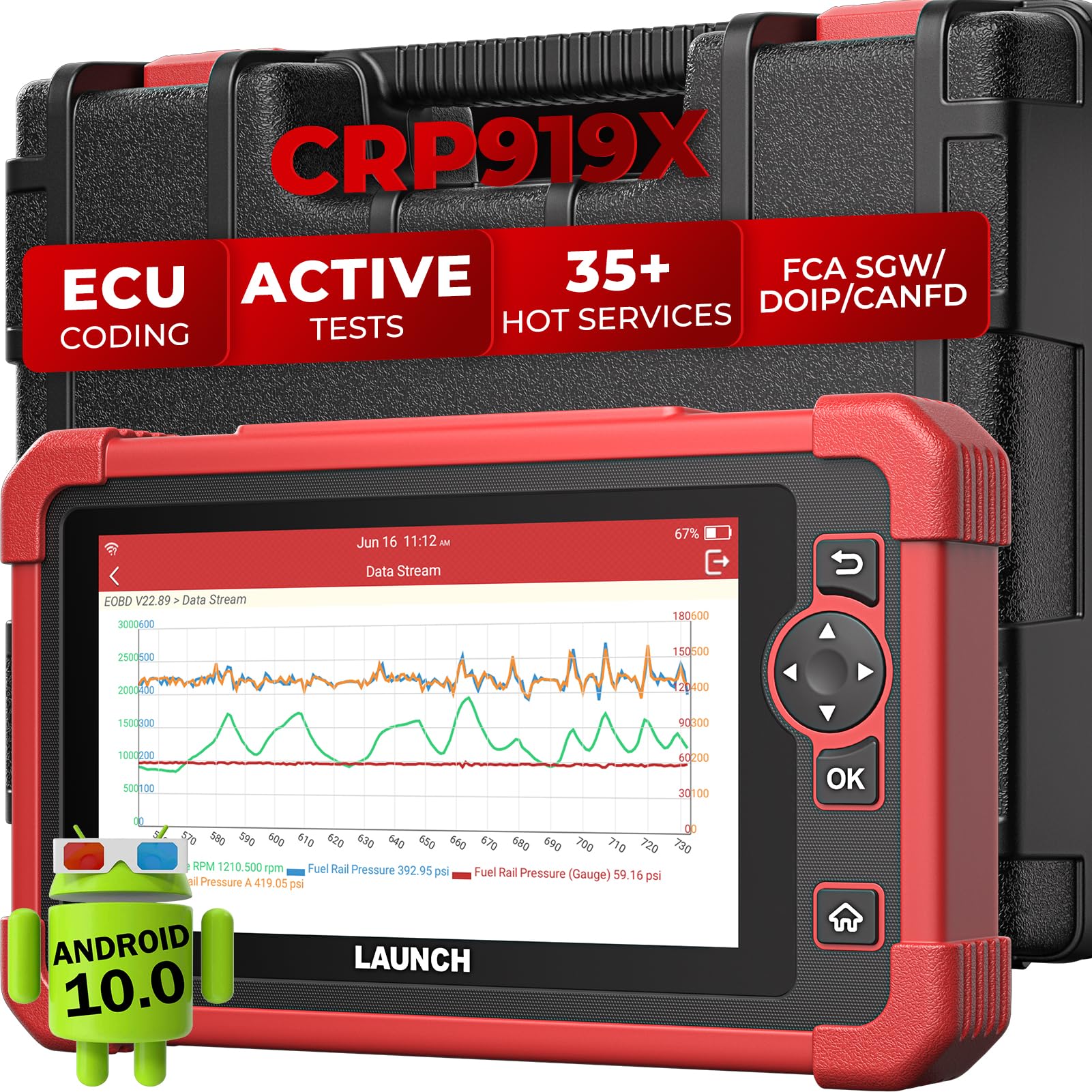 LAUNCH CRP919X front view OBD2 scanner enabling fast vehicle diagnostics.
