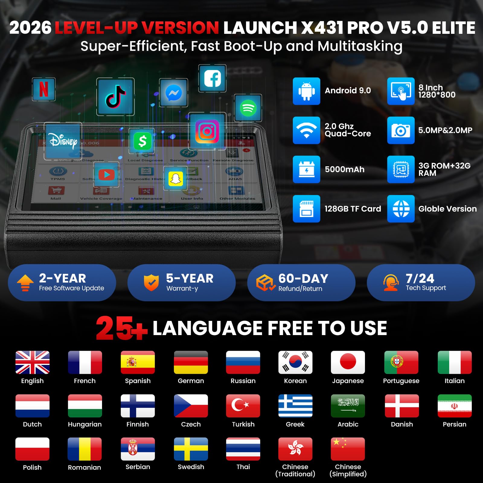 LAUNCH X431 PRO V5.0 battery pack provides long-lasting power.